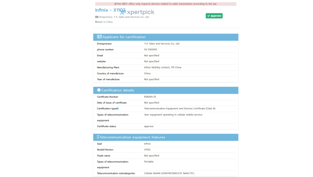 Infinix Xpad 20 NBTC certified