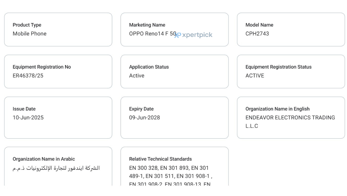 Oppo Reno 14F 5G TDRA certified