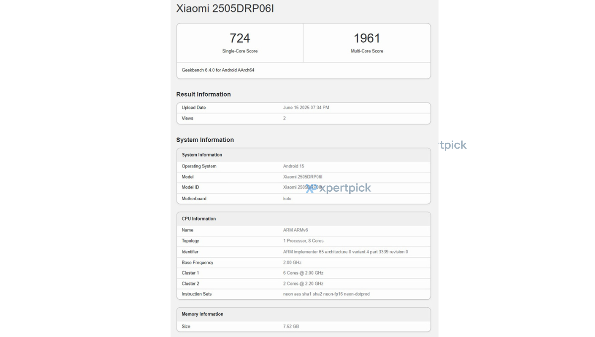 Redmi Pad 2 4G Indian edition Geekbench
