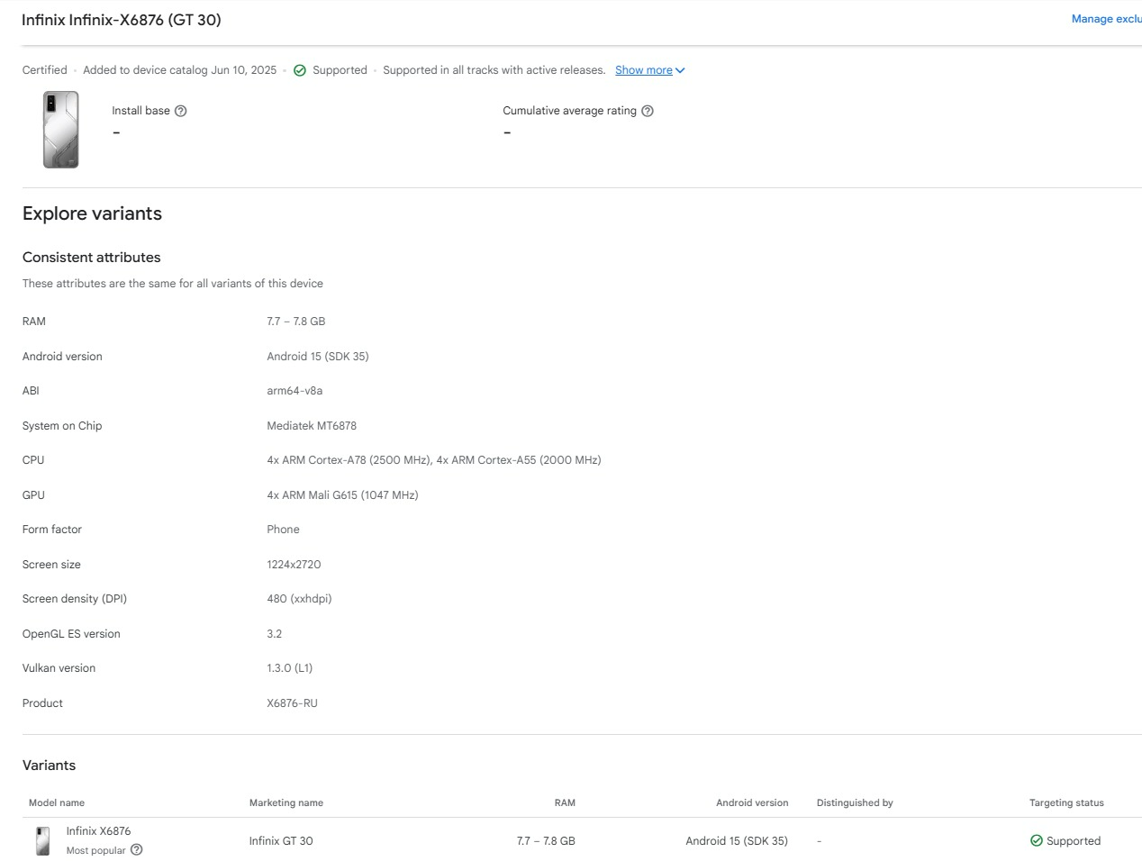 Infinix GT 30 Google Play Console listing-
