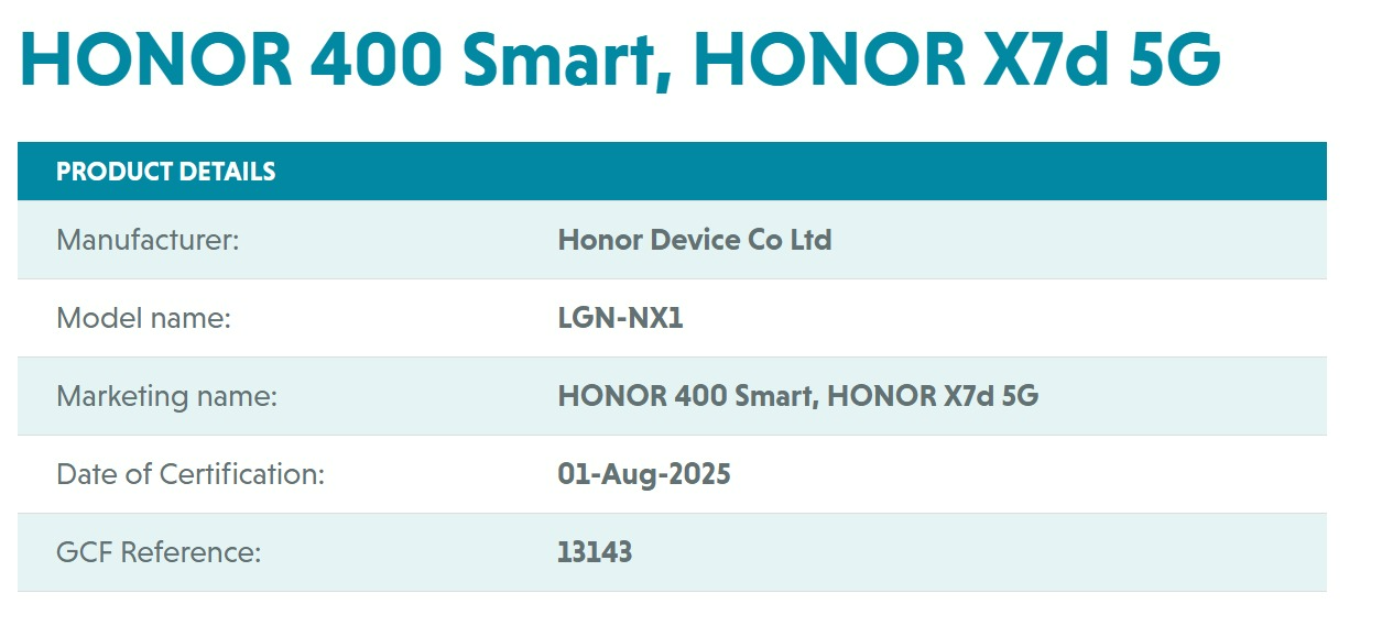 Honor 400 Smart, Honor X7d GCF listing