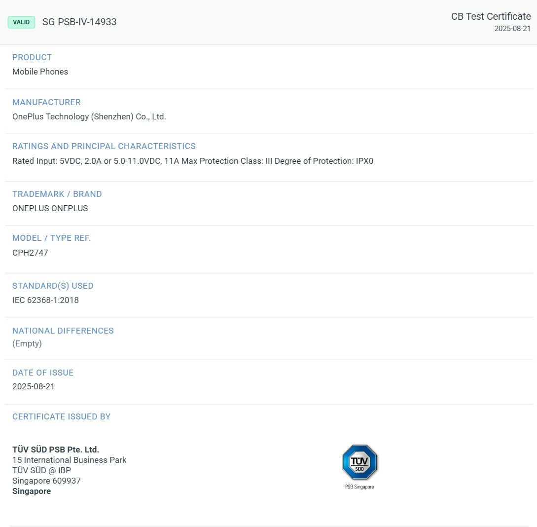 OnePlus 15 TUV listing