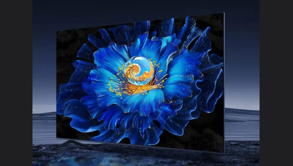 Large-screen TCL television displaying blue floral artwork with high contrast and vibrant colours