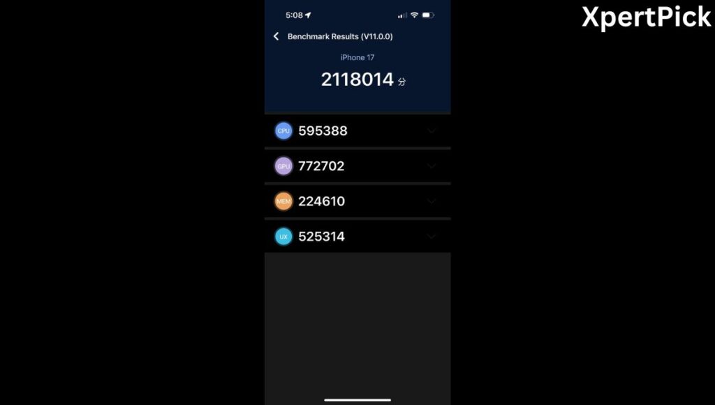 AnTuTu benchmark results on the Apple iPhone 17 512GB variant (Image source: Yetnesh Dubey / XpertPick)