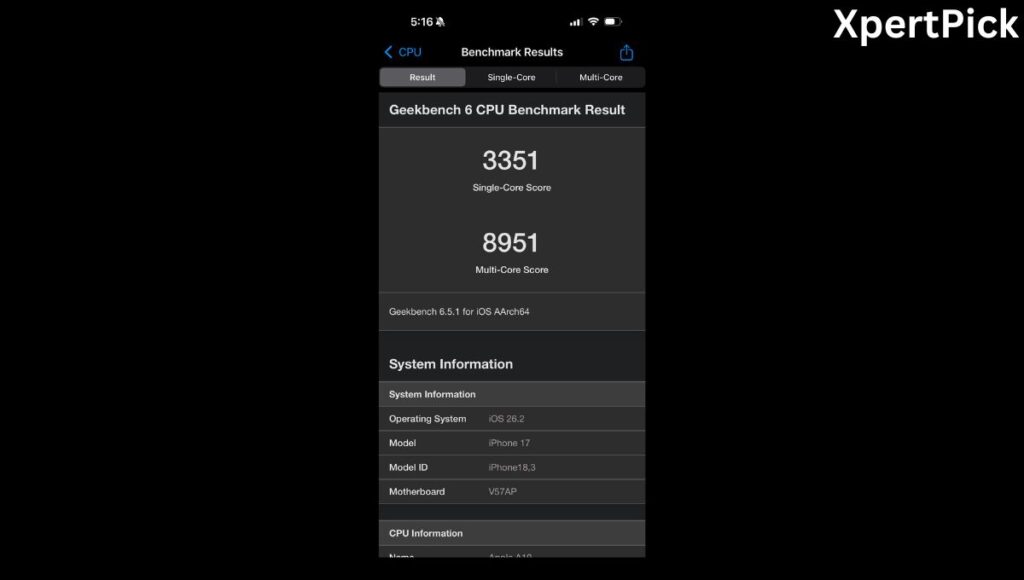 Geekbench 6 CPU single-core and multi-core results on the Apple iPhone 17 512GB variant (Image source: Yetnesh Dubey / XpertPick)