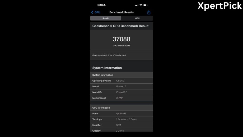 Geekbench 6 GPU Metal benchmark results on the Apple iPhone 17 512GB variant (Image source: Yetnesh Dubey / XpertPick)