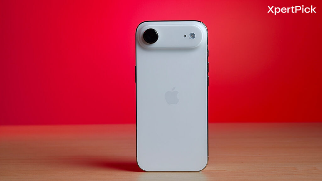 Apple iPhone Air in white placed on a tabletop, showing the rear design with the horizontal camera bar against a red background (Source: XpertPick)