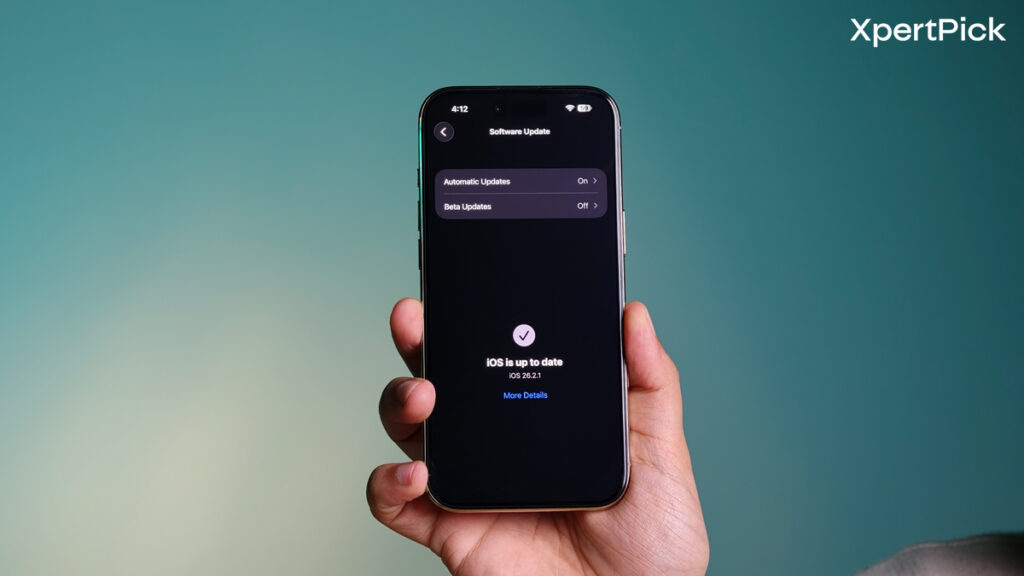 Apple iPhone Air held in hand showing the iOS software update screen, confirming the device is up to date. (Source: Yetnesh Dubey / XpertPick)