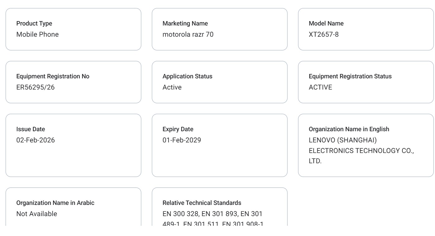 Motoroal Razr 70 TDRA listing