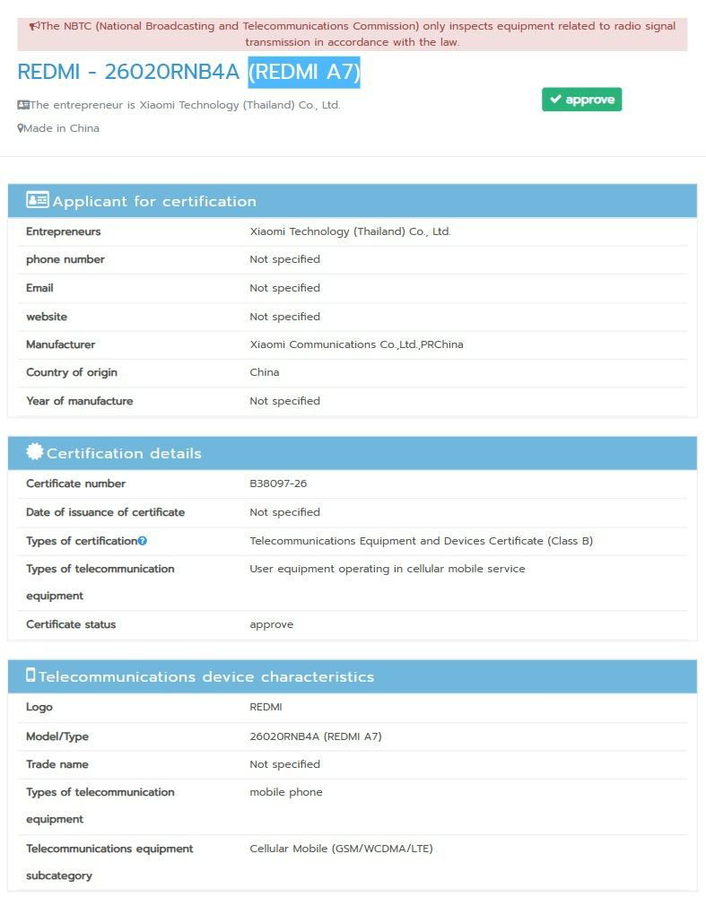 Redmi A7 NBTC listing
