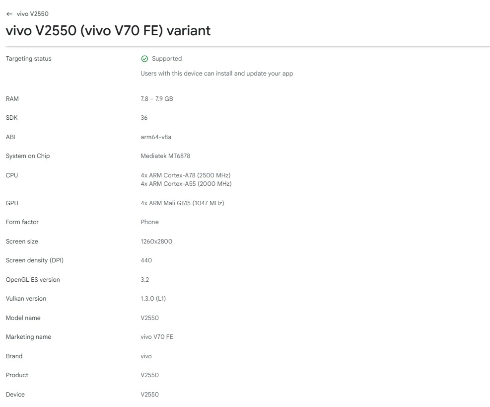 Vivo V70 FE Google Play Console listing