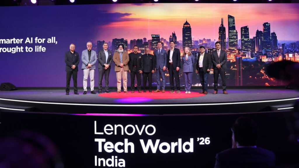 Lenovo leadership and partners on stage during Lenovo Tech World 2026 India event showcasing AI ecosystem announcements.