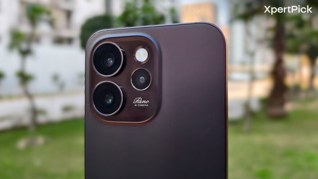 Close-up of Oppo Reno15 Pro Mini triple camera module showing Reno AI Camera branding and LED flash on matte rear panel (Source: Yetnesh Dubey / XpertPick)