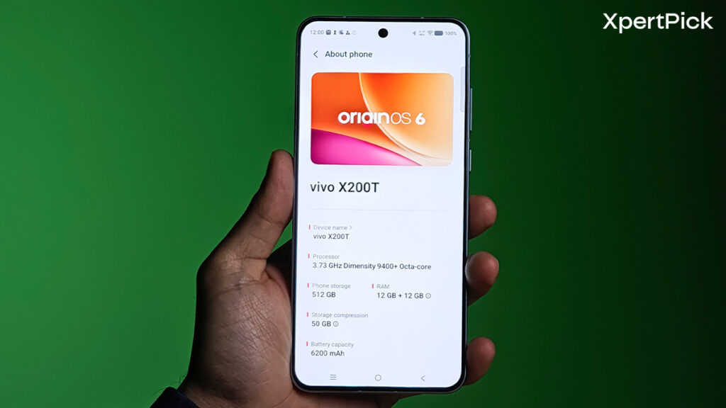 Vivo X200T front display showing About Phone page with OriginOS 6 interface and device specifications. (Source: Yetnesh Dubey / XpertPick)