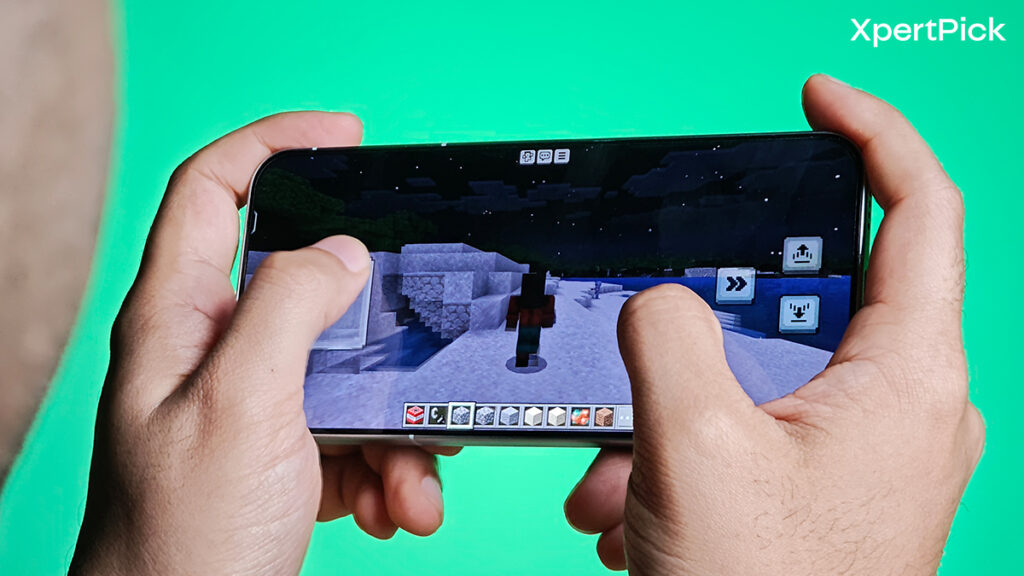 Vivo X300 running Minecraft during gaming performance testing with on-screen controls visible (Source: Yetnesh Dubey / XpertPick)