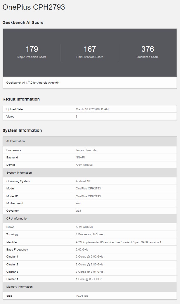 OnePlus Nord 6 Geekbench AI listing