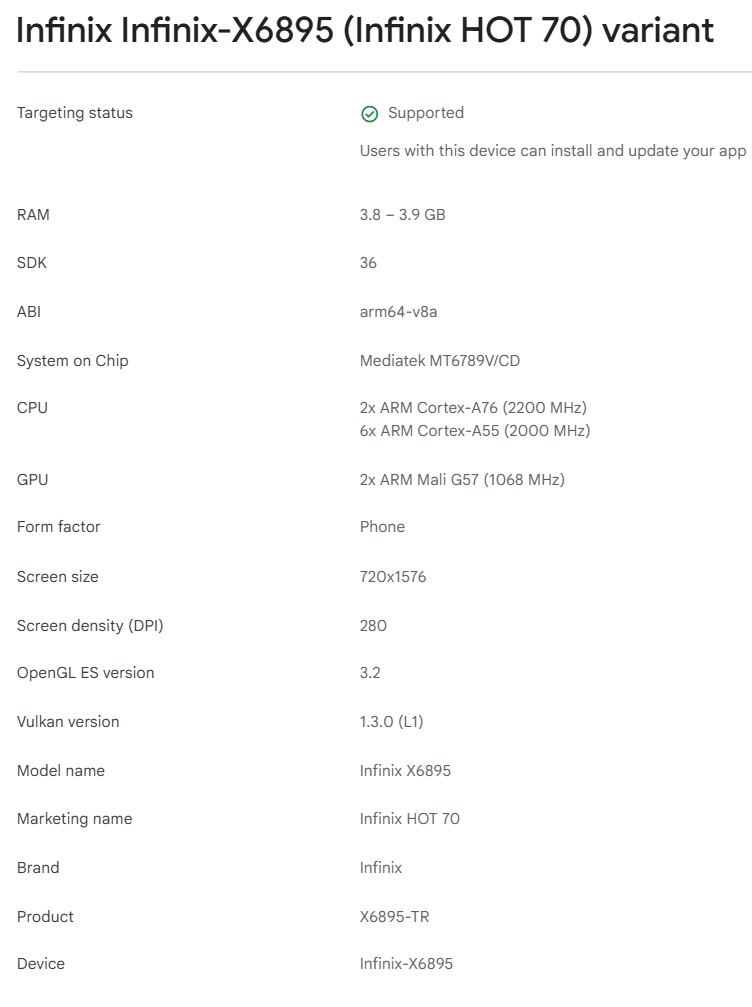 Infinix Hot 70 Google Play Console listing