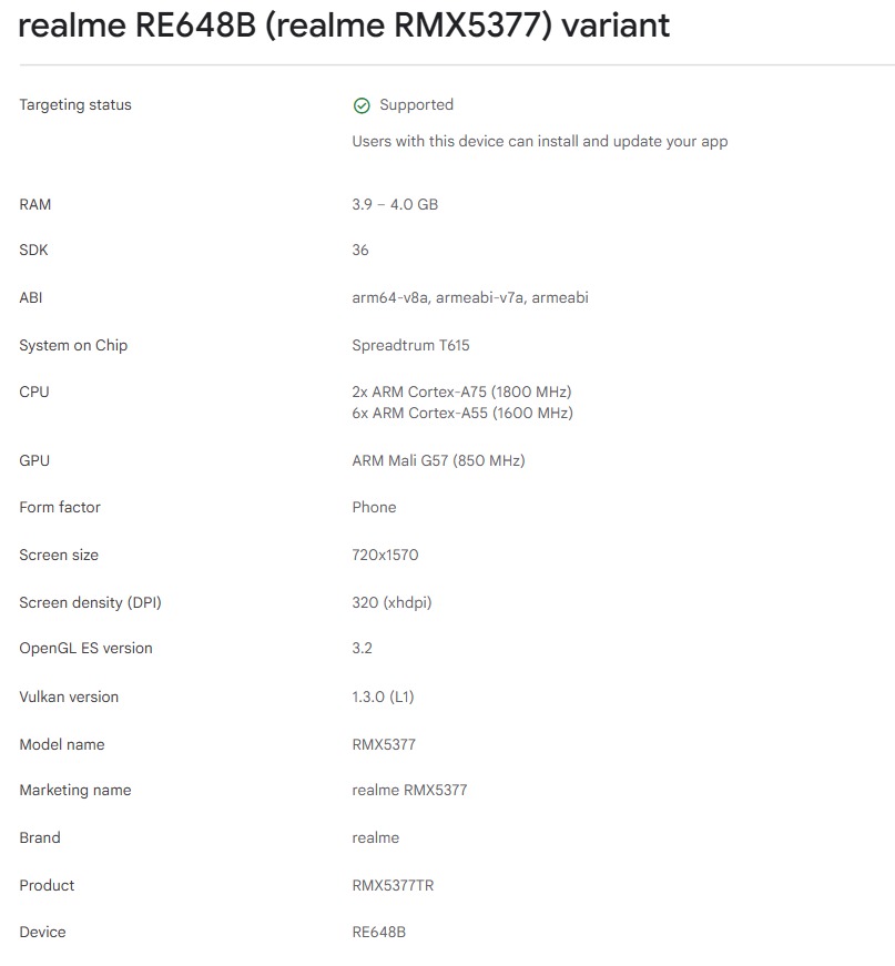 Realme C100i Google Play Console listing