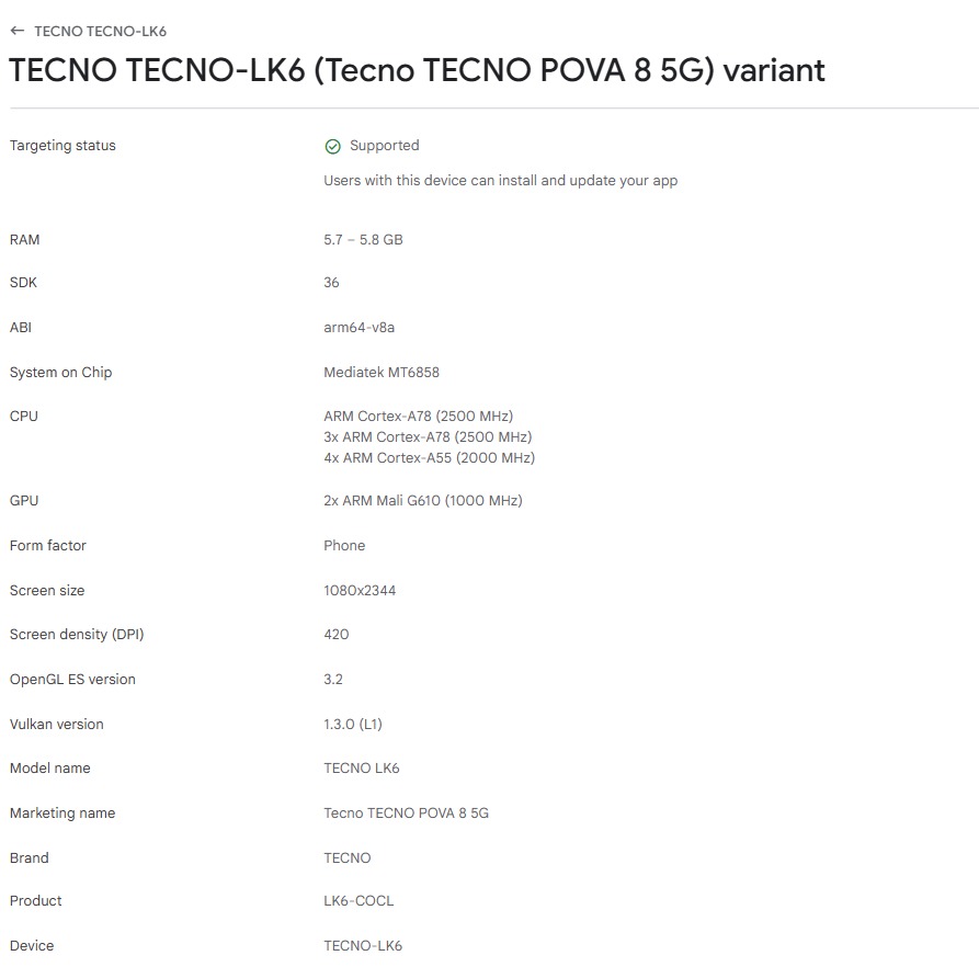 Tecno Pova 8 5G Google Play Console