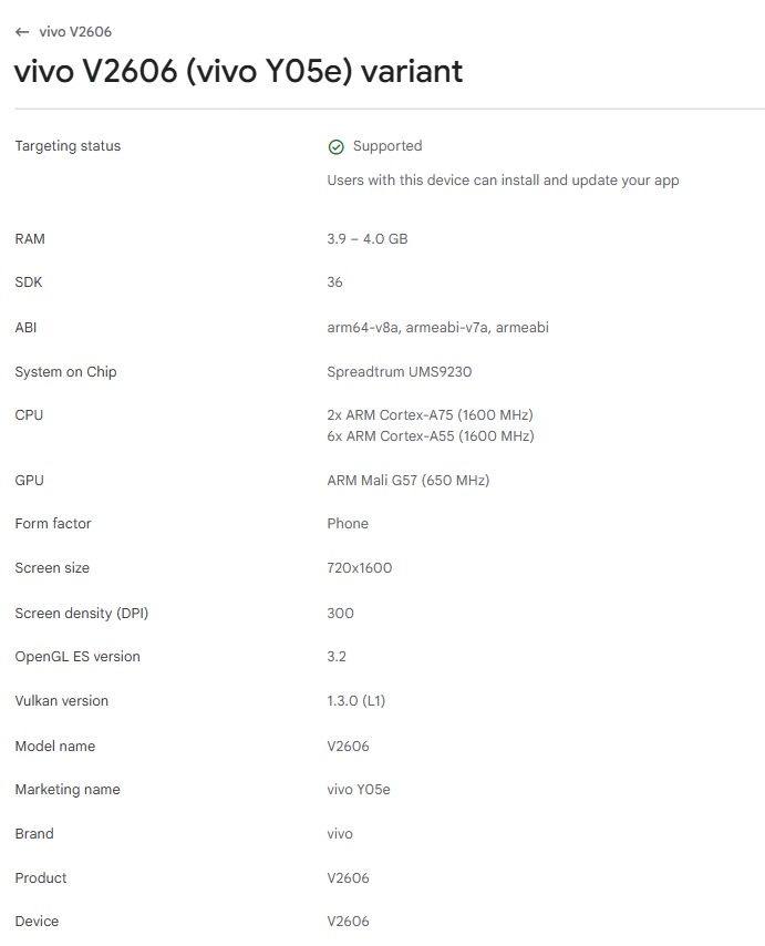 Vivo Y05e Google Play Console listing